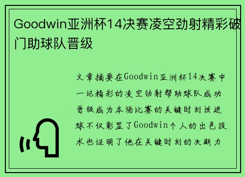 Goodwin亚洲杯14决赛凌空劲射精彩破门助球队晋级