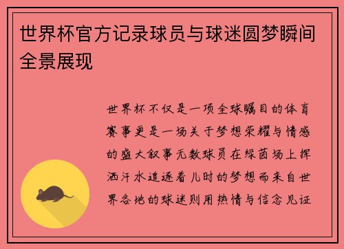 世界杯官方记录球员与球迷圆梦瞬间全景展现