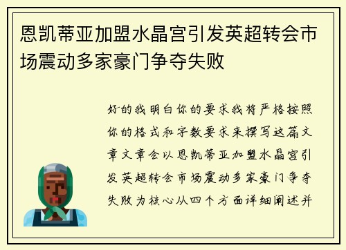 恩凯蒂亚加盟水晶宫引发英超转会市场震动多家豪门争夺失败